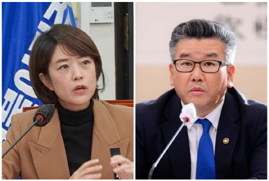 고민정(왼쪽) 더불어민주당 의원과 유병호 감사원 사무총장. <고민정 SNS, 연합뉴스>